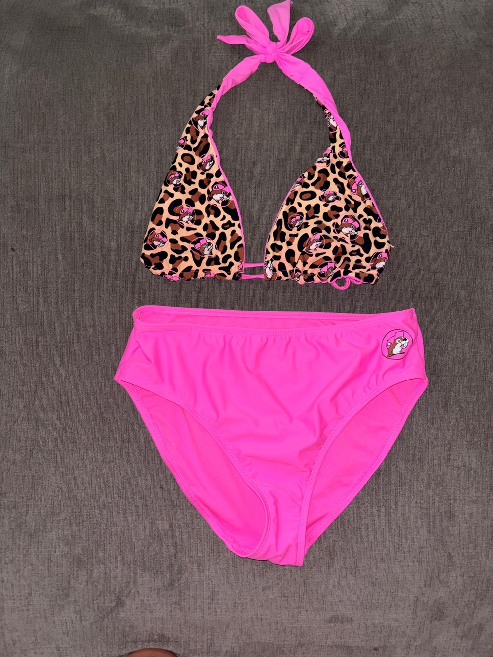 Girls' Pink Halter Bikini Set with Leopard Print Accents